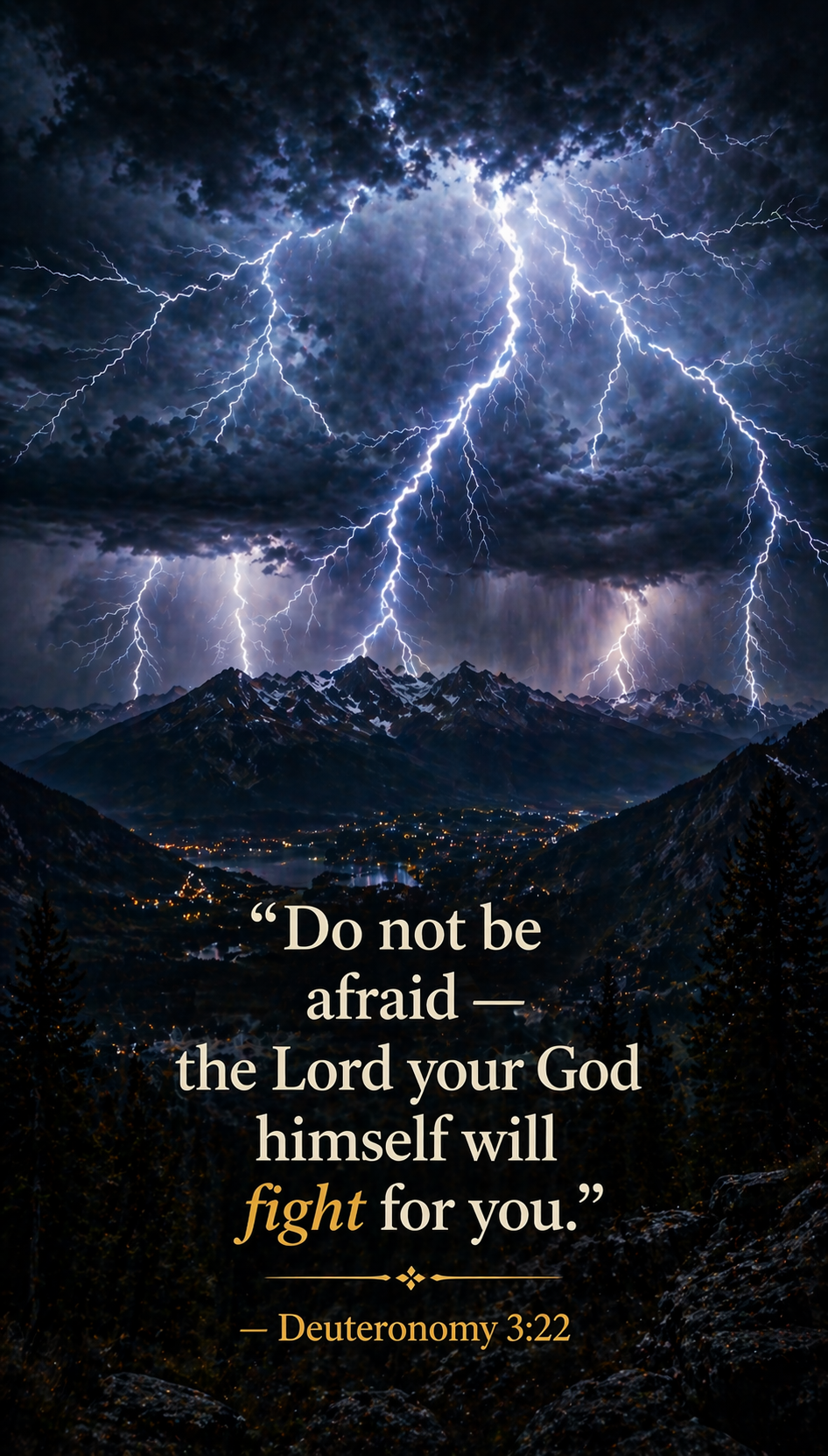 Deuteronomy 3:22 Bible verse vertical wallpaper - God will fight for you - dramatic lightning over mountain range at night